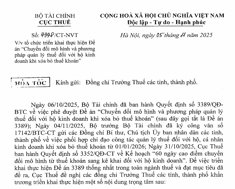 Công văn số: 4948/CT-NVT ngày 05/11/2025