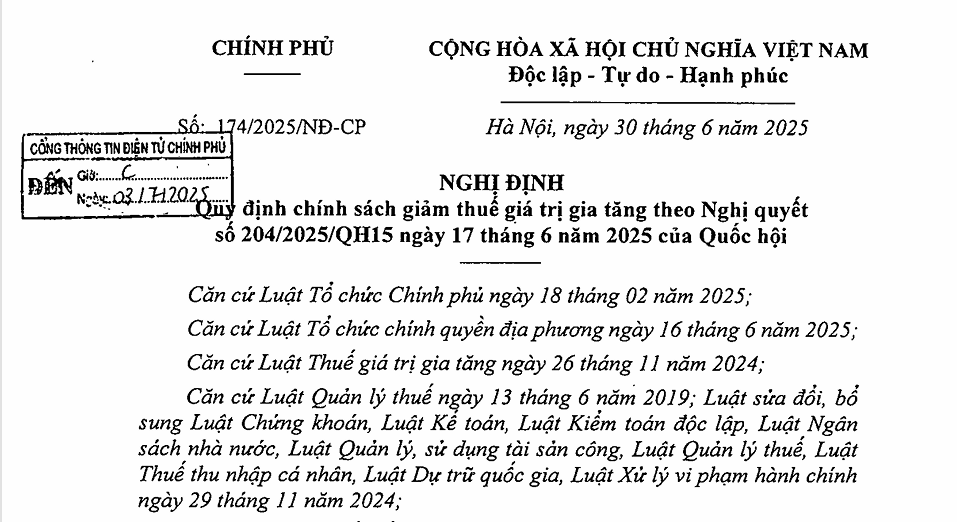 Nghị định 174/2025/NĐ-CP về giảm thuế GTGT