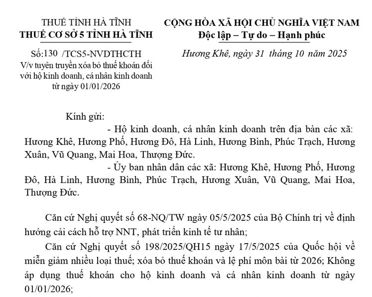 Công văn số: 130/TCS5-NVDTHCTH của Thuế cơ sở 5 tỉnh Hà Tĩnh