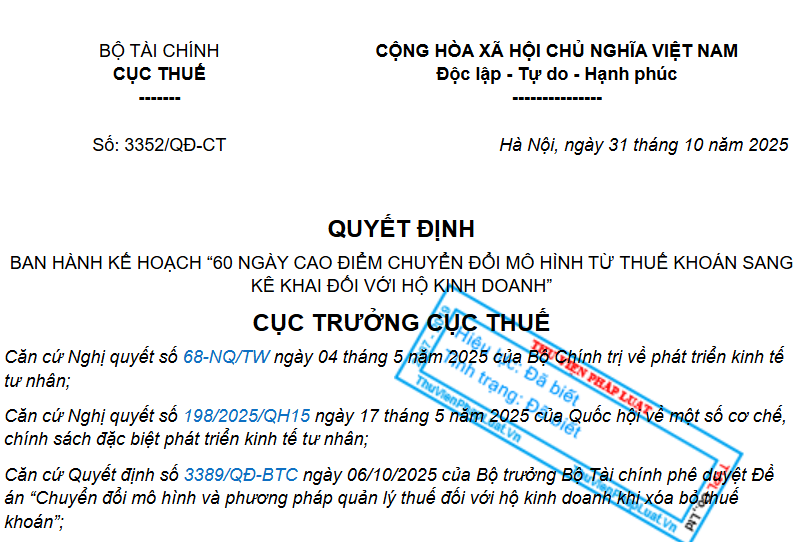 60 ngày cao điểm xóa bỏ thuế khoán theo Quyết định 3352/QĐ-CT có hiệu lực từ ngày 31/10/2025